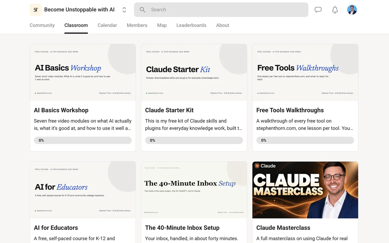 The Classroom: free courses including AI Basics Workshop, Claude Starter Kit and Free Tools Walkthroughs