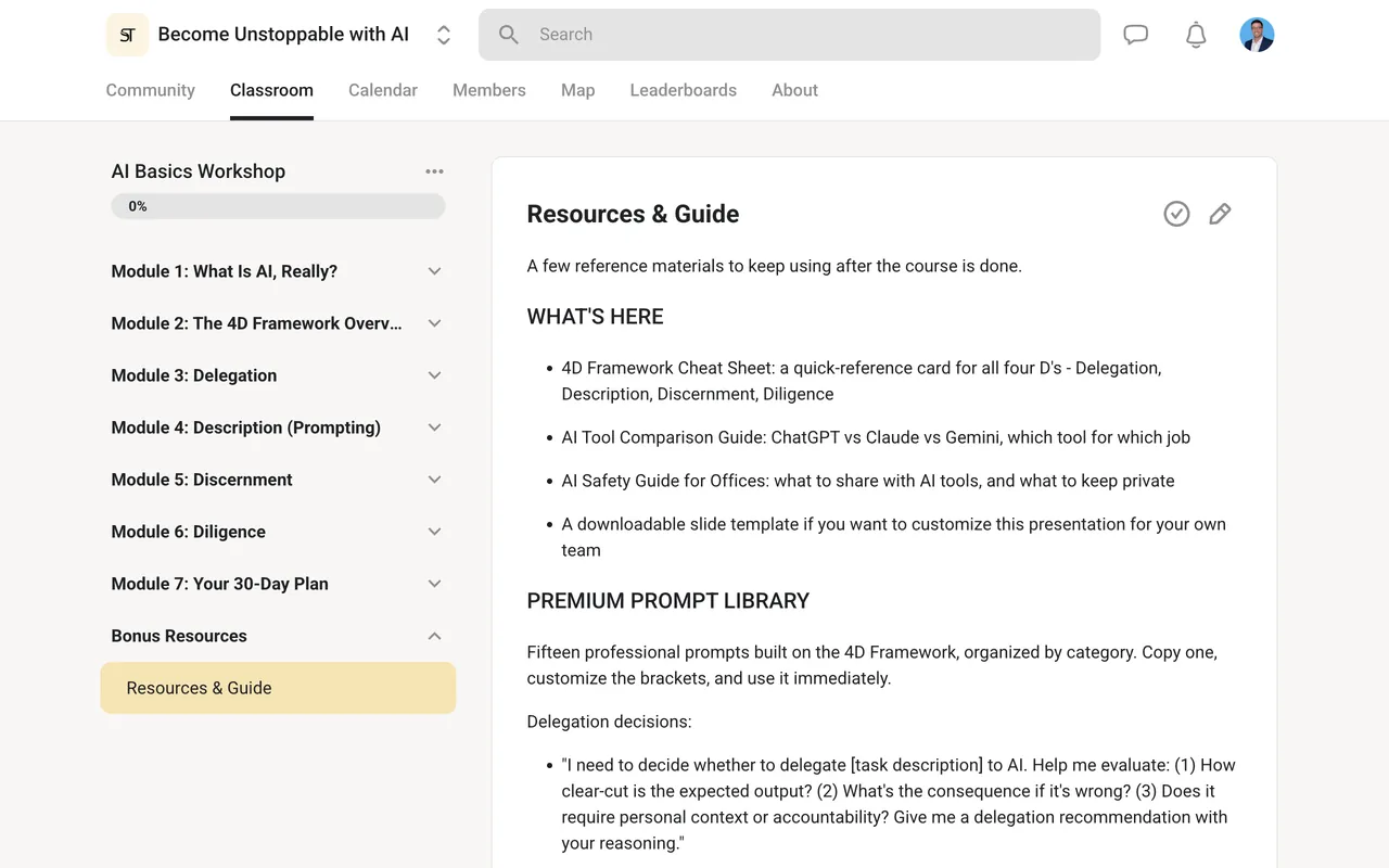 Inside the AI Basics Workshop: seven modules and a resources lesson with a prompt library