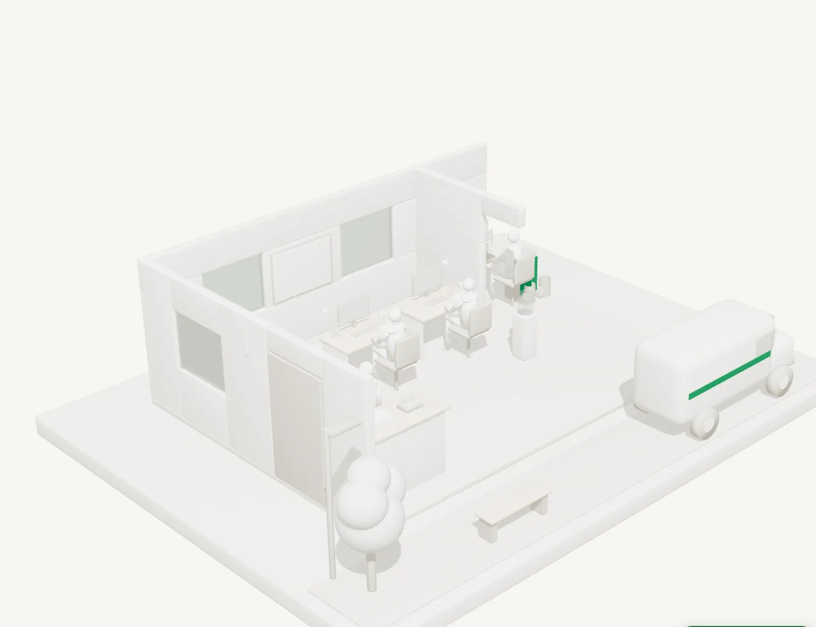 A model of an example small business: a reception desk, three desks with screens, a back office with an AI unit, and a van outside.